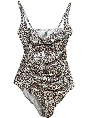 Moontide Women's Twist Front Tummy Control One Piece Swimsuit Sz L Brown Leopard
